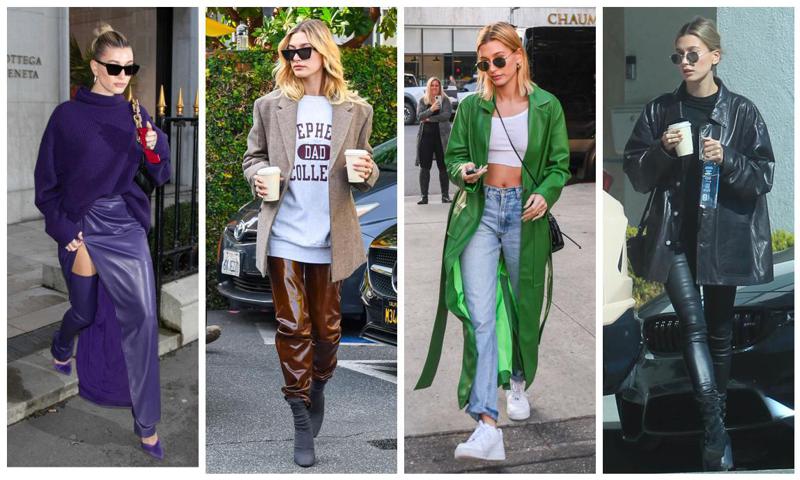 Hailey Bieber rocks the colored leather fashion trend