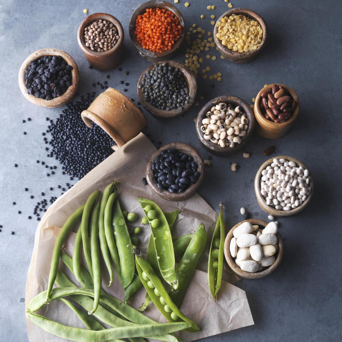 An arrangement of fresh and dries legumes