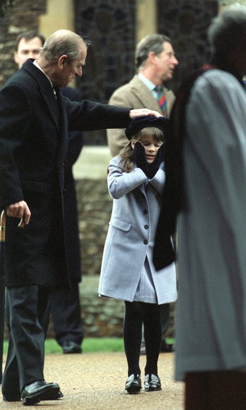 Philip played around with his granddaughter Princess Eugenie at Christmas service in Sandringham back in 1998.