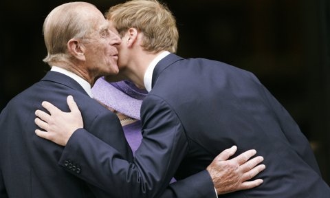 The Duke gave his grandson Prince William a kiss on the cheek at the 10th anniversary memorial service of Princess Diana in 2007.