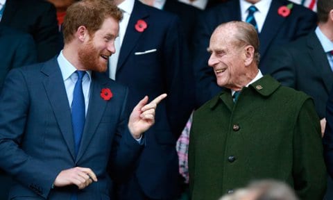 The Duke of Edinburgh shared a laugh with Prince Harry at the 2015 Rugby World Cup Final match between New Zealand and Australia.