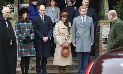 The Duke smiled at his grandsons and their respective significant others, Kate Middleton and Meghan Markle, following Christmas service in 2017.