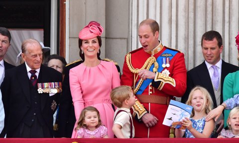 The Queen's husband look on at his great-grandchildren, Princess Charlotte, Prince George, Savannah Phillips and Isla Phillips during Trooping the Colour in 2017