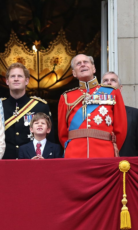 Philip stood beside his youngest grandchild, James, Viscount Severn, as they watched the RAF flypast over Buckingham Palace in 2015.